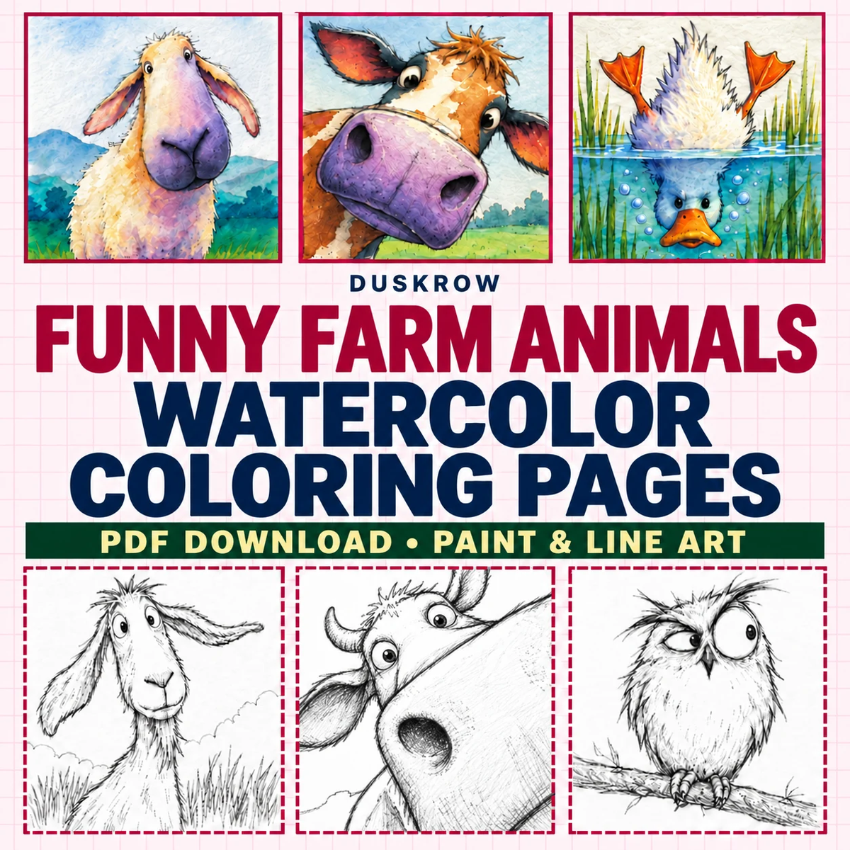 Duskrow | 47 Funny Farm Animals Watercolor Coloring Pages (PDF) | gallery 01
