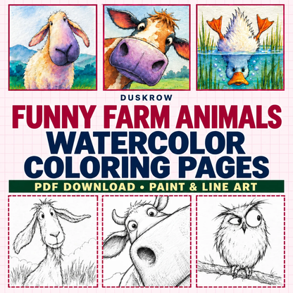 Duskrow | 47 Funny Farm Animals Watercolor Coloring Pages (PDF) | gallery 01