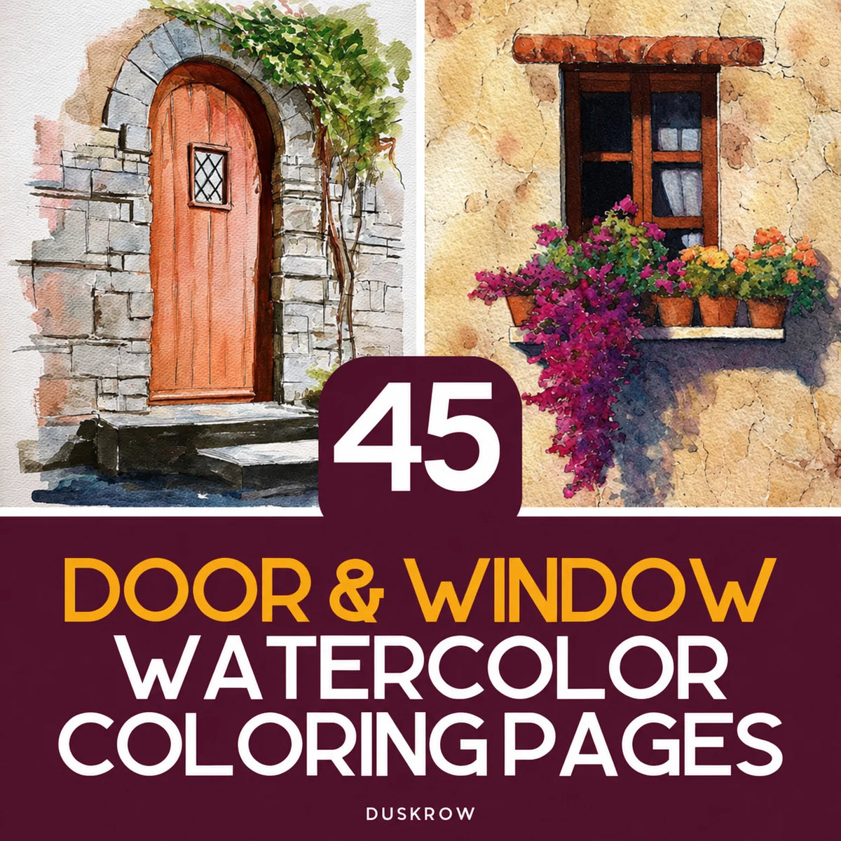 Duskrow | 45 Door & Window Watercolor Coloring Pages (PDF) | gallery 01