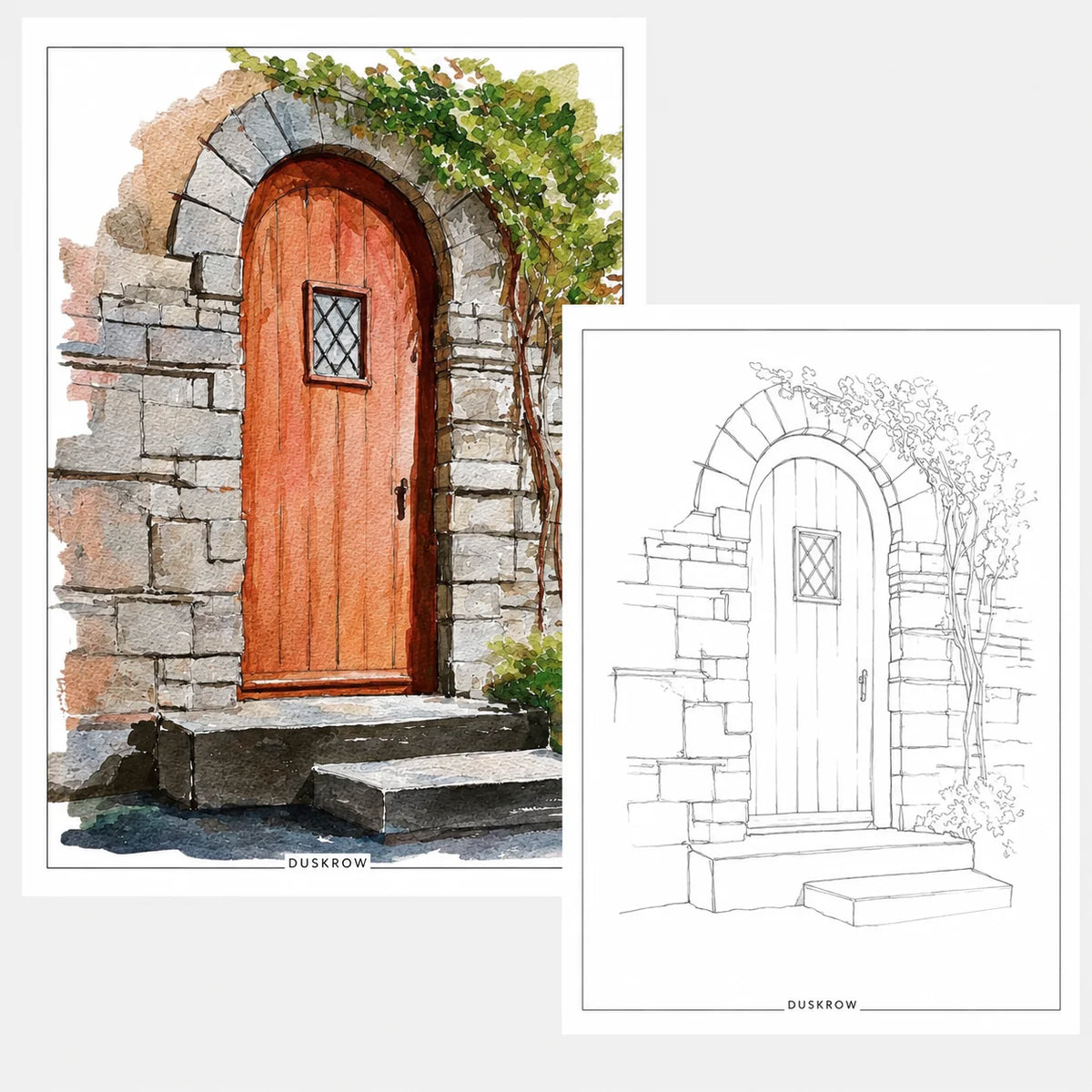 Duskrow | 45 Door & Window Watercolor Coloring Pages (PDF) | gallery 02