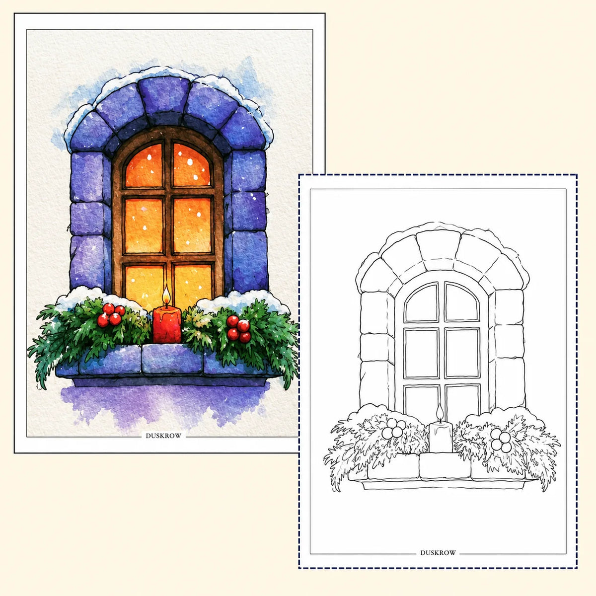 Duskrow | 40 Christmas Watercolor Coloring Pages (PDF) | gallery 04
