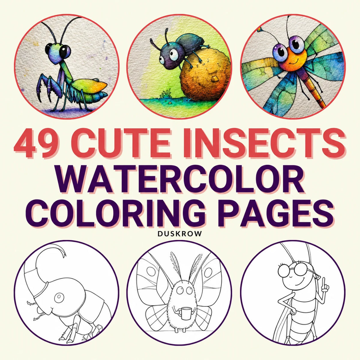 Duskrow | 49 Cute Insects Watercolor Coloring Pages (PDF) | gallery 01