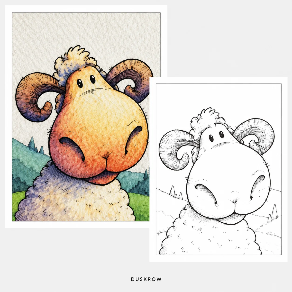 Duskrow | 47 Funny Farm Animals Watercolor Coloring Pages (PDF) | gallery 04