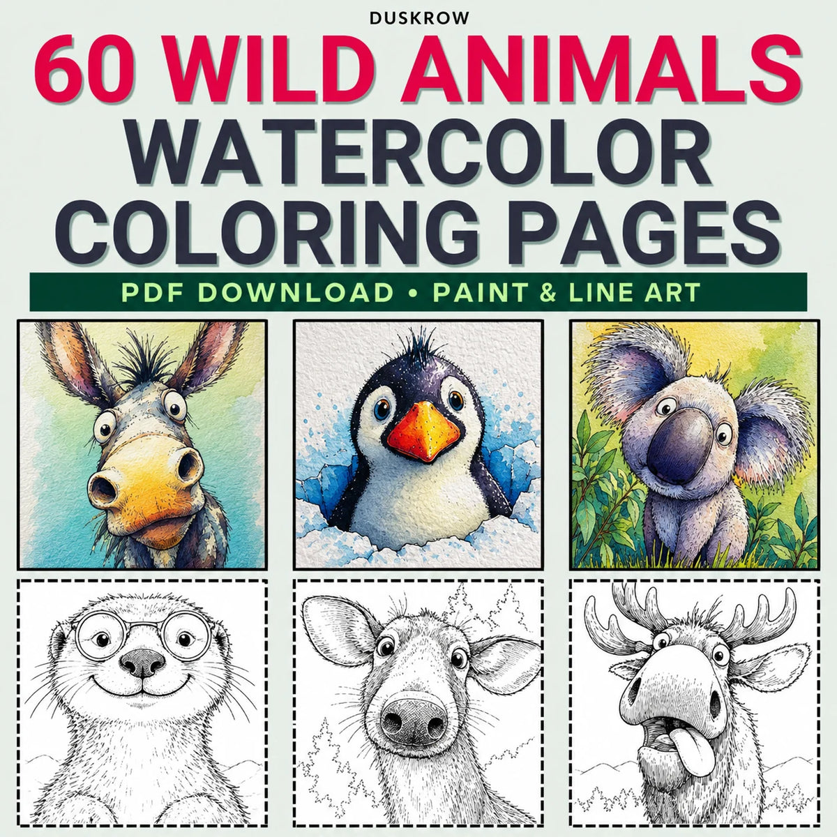 Duskrow | 60 Wild Animals Watercolor Coloring Pages (PDF) | gallery 01