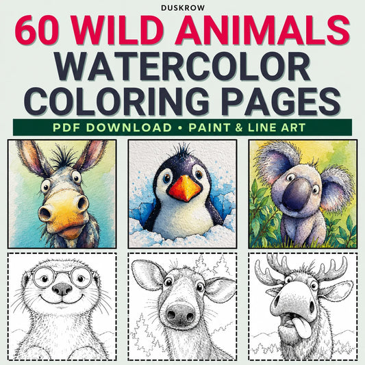 Duskrow | 60 Wild Animals Watercolor Coloring Pages (PDF) | gallery 01