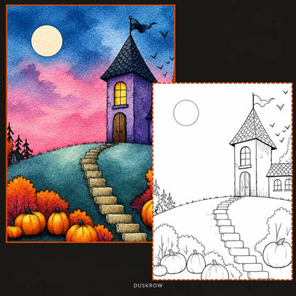 Duskrow | 30 Spooky Halloween Watercolor Coloring Pages (PDF) | gallery 04
