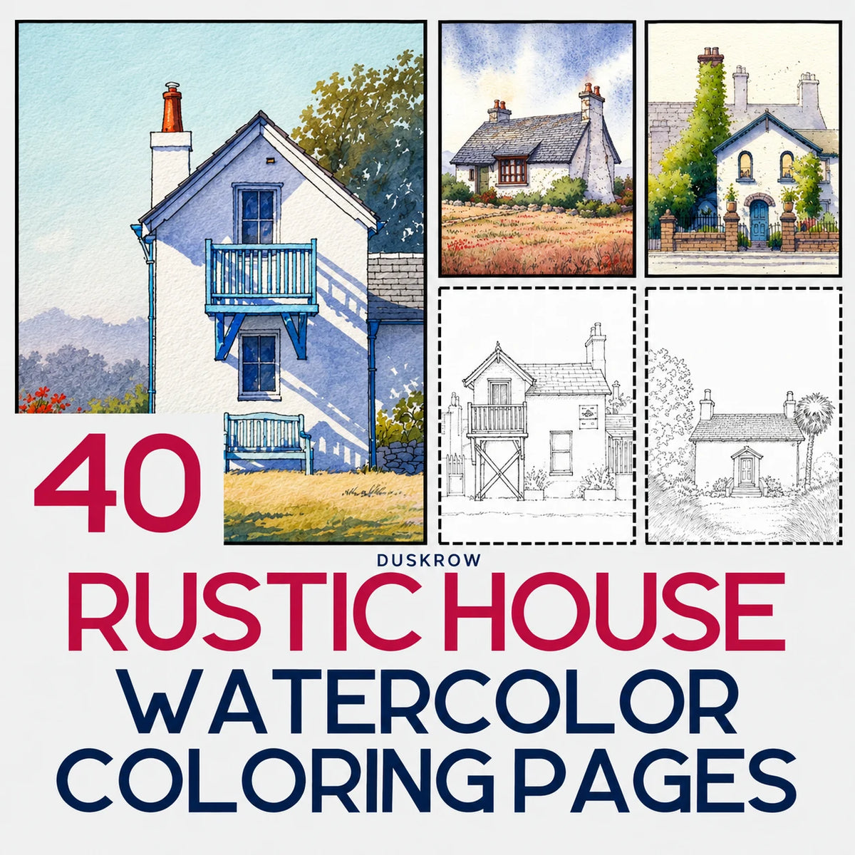 Duskrow | 40 Rustic House Watercolor Coloring Pages (PDF) | gallery 01