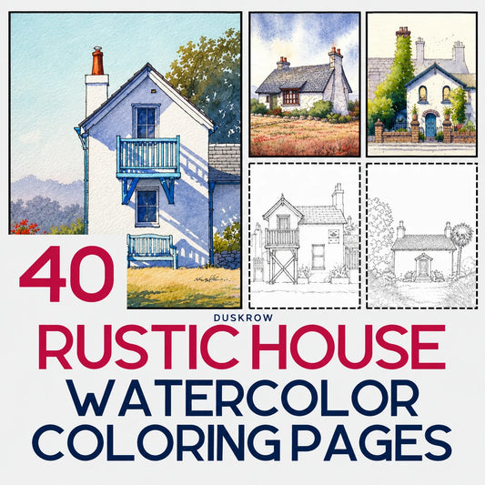 Duskrow | 40 Rustic House Watercolor Coloring Pages (PDF) | gallery 01