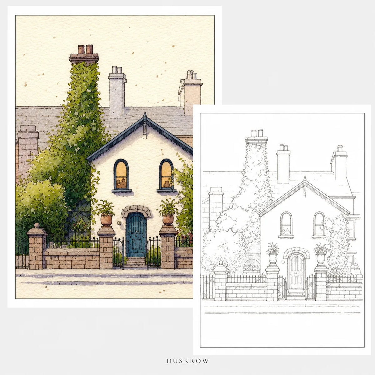 Duskrow | 40 Rustic House Watercolor Coloring Pages (PDF) | gallery 03