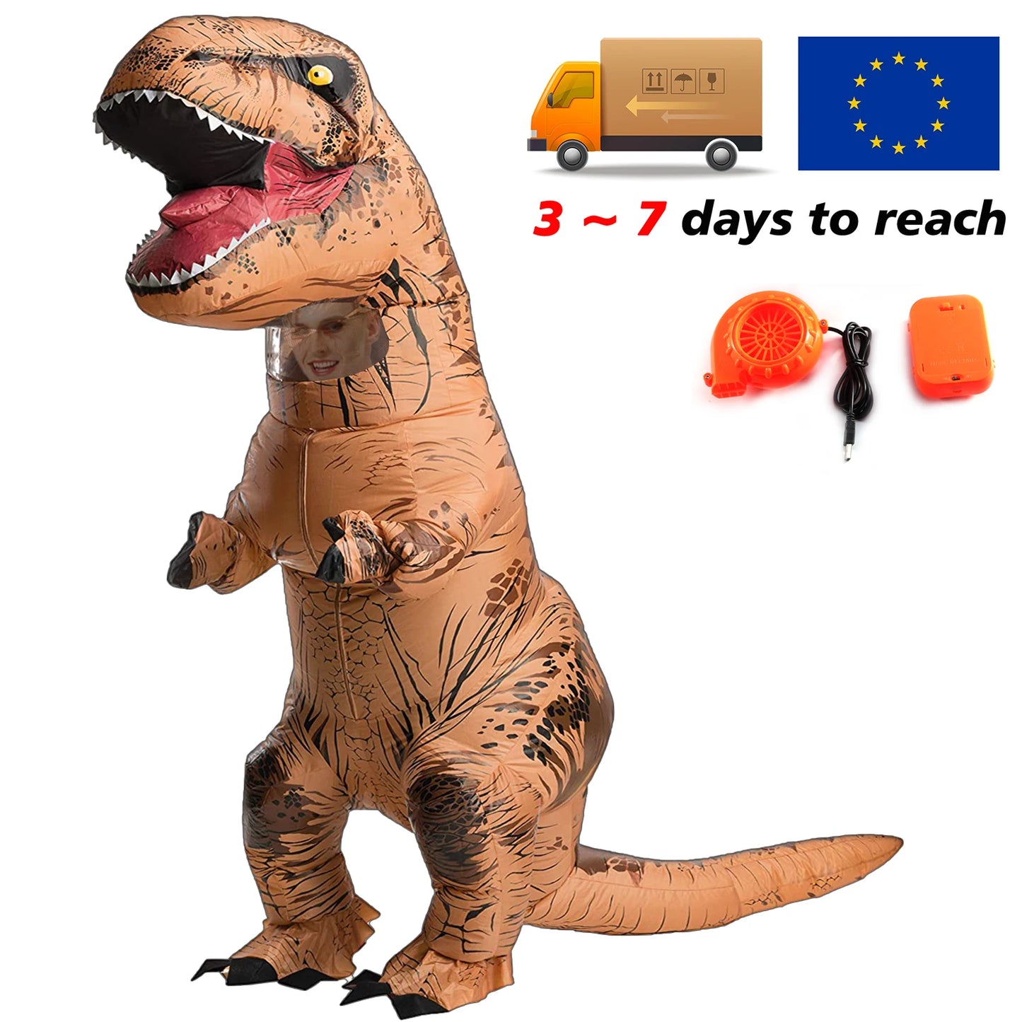 Adult wearing inflatable dinosaur costume