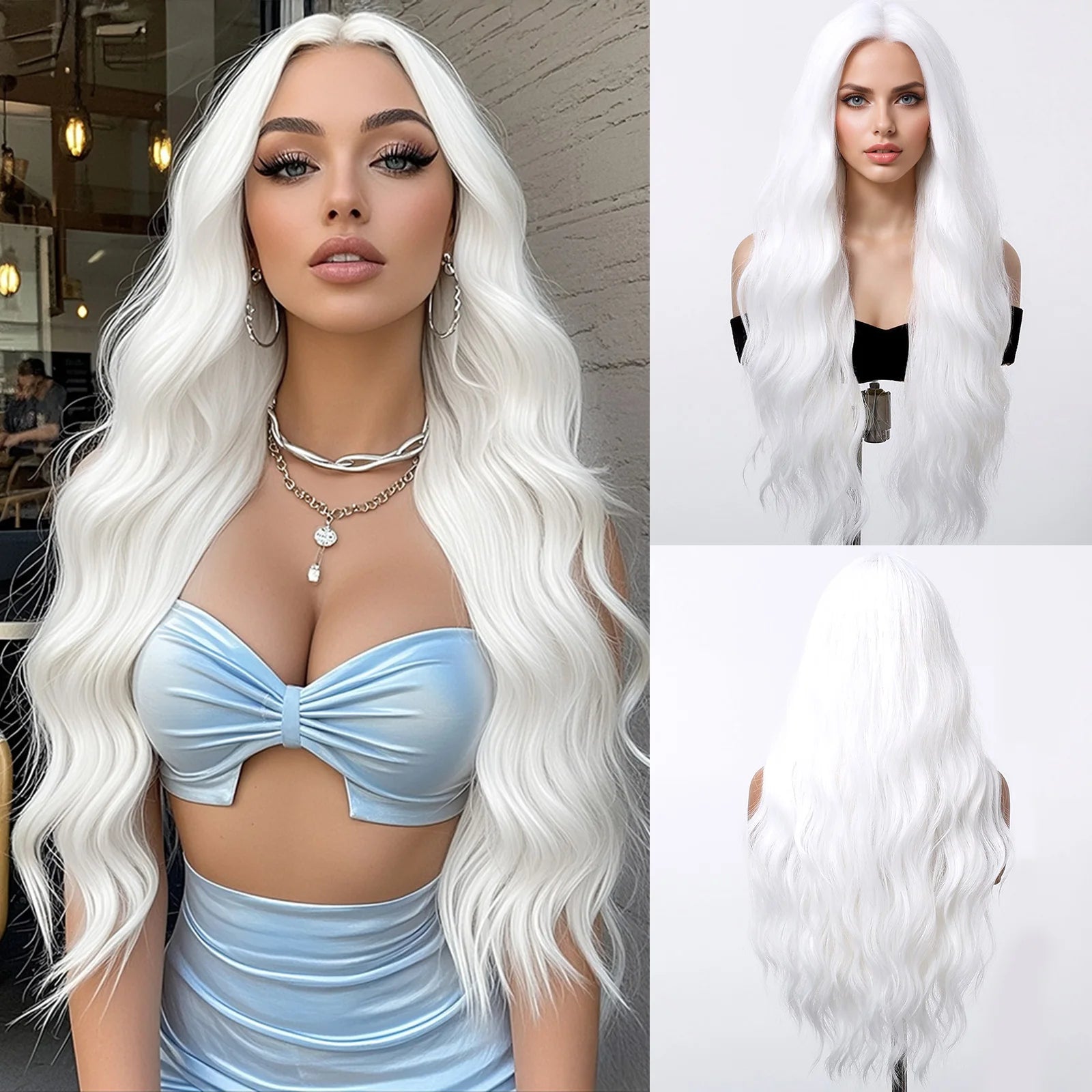 Long silver-white curly wig