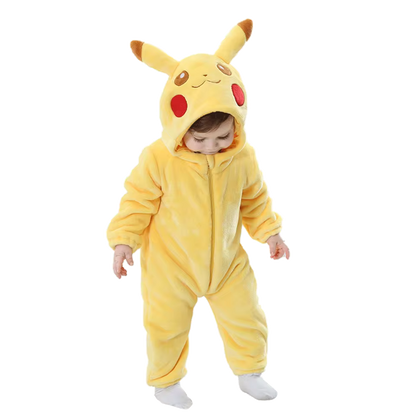 Baby wearing yellow Pikachu onesie costume with hood