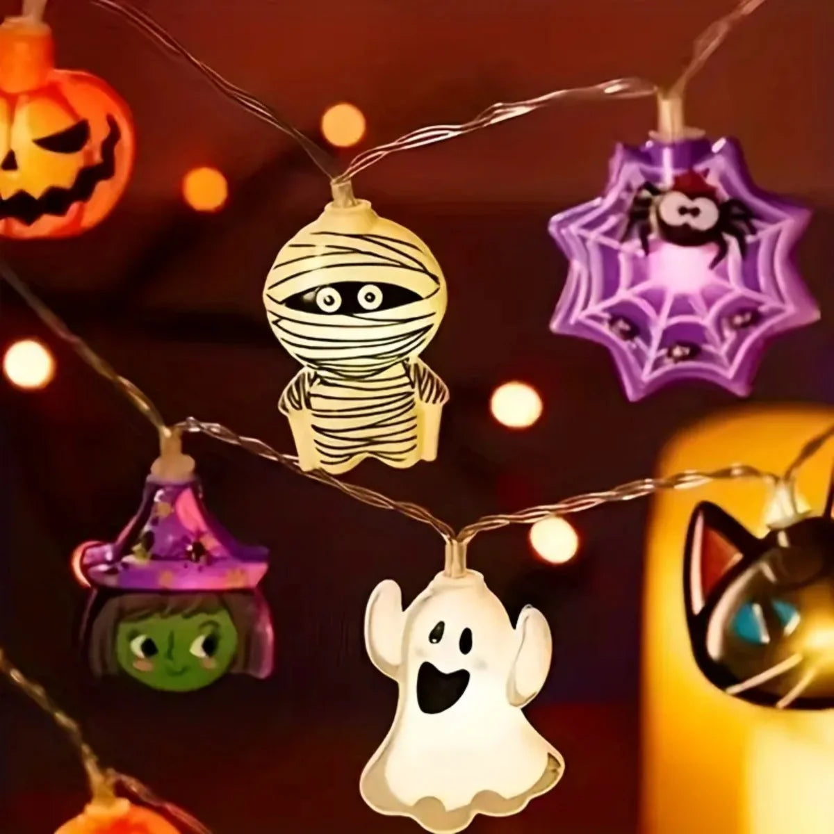 Halloween string lights hung on a wall