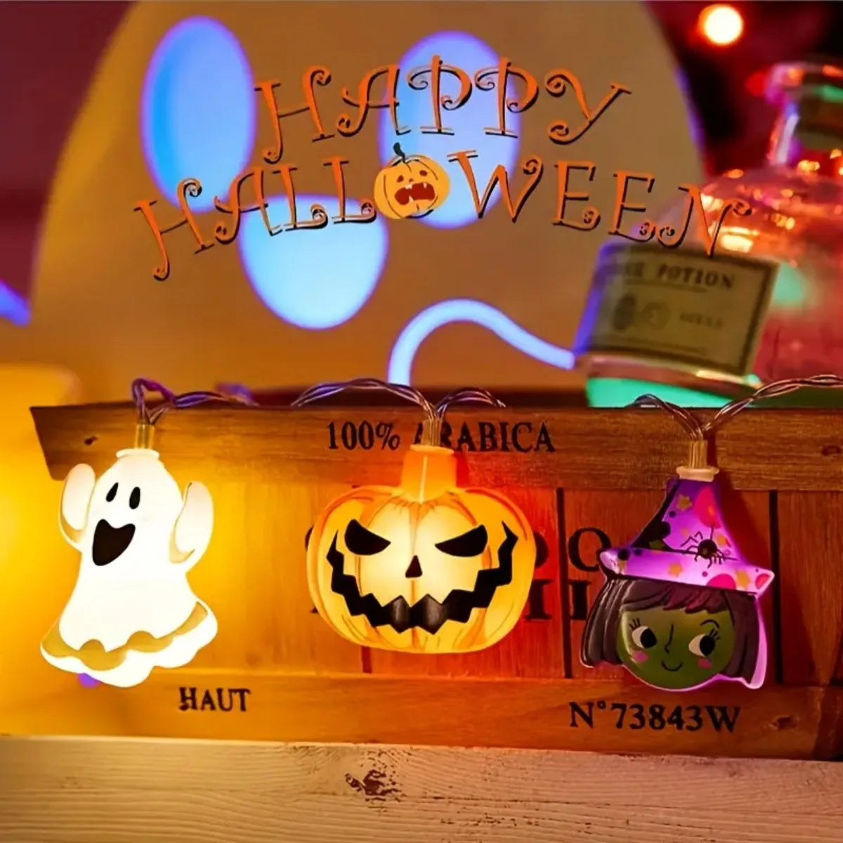 Ghost LED string lights glowing