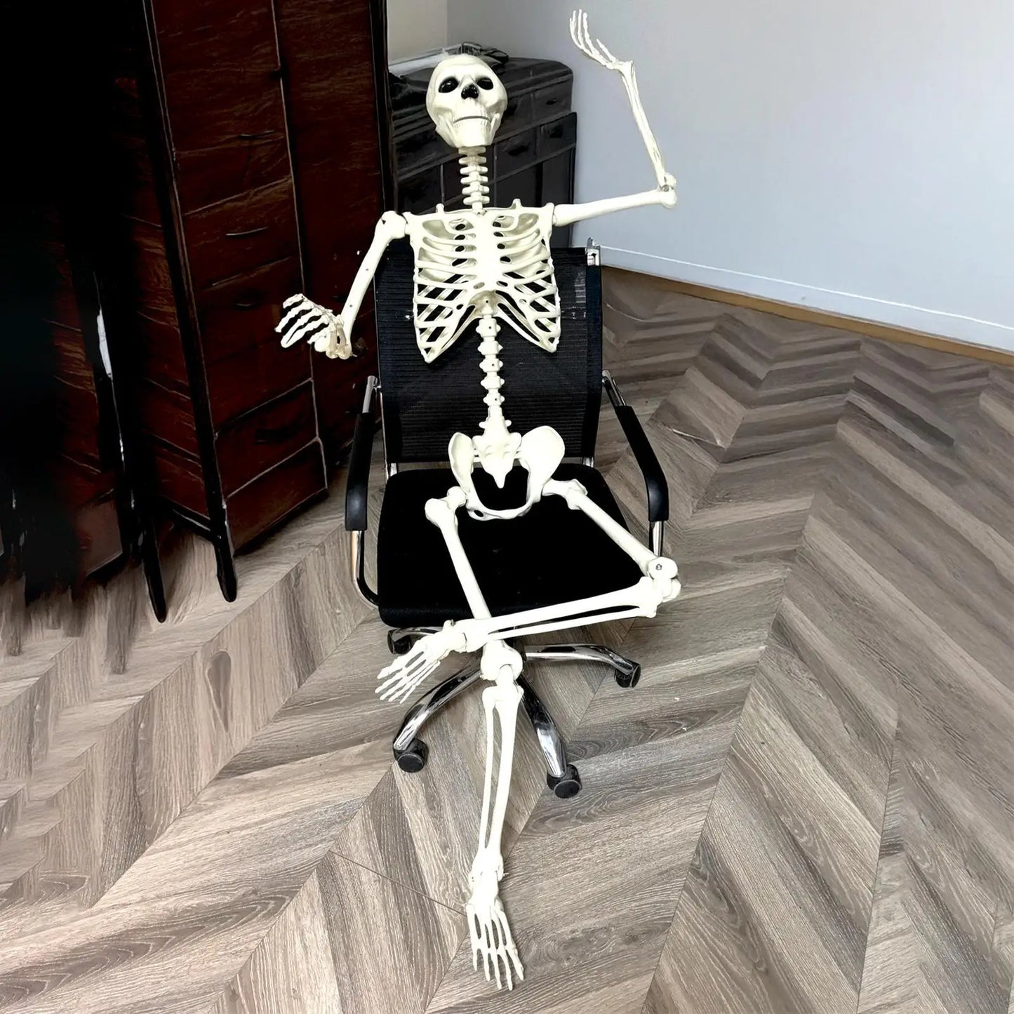 Skeleton prop posed sitting