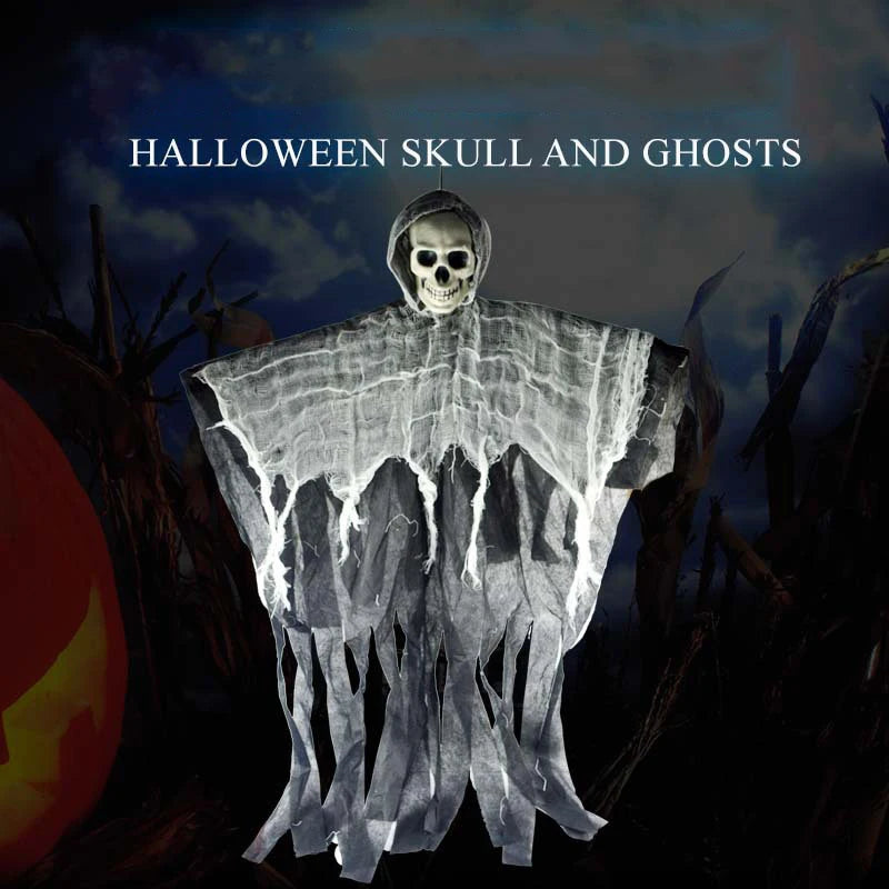 Multiple hanging ghosts staged in a doorway