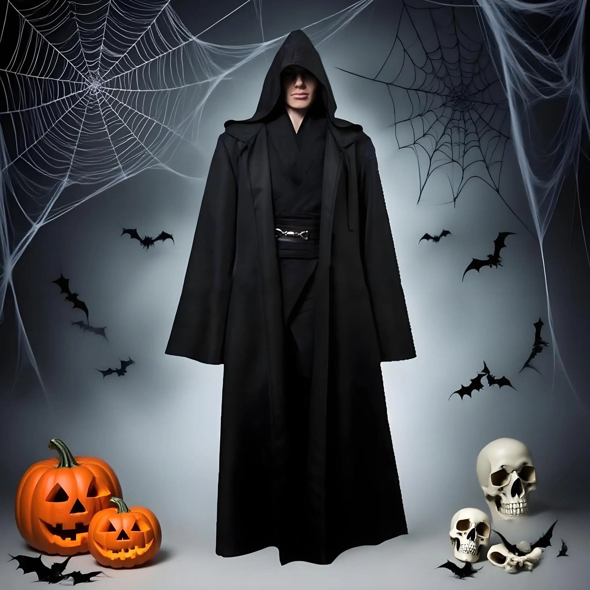 Black hooded cloak worn with hood up