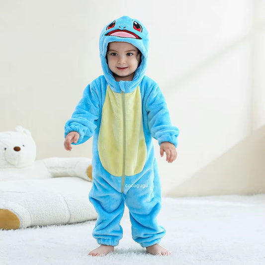 Crawling baby in blue Squirtle flannel costume