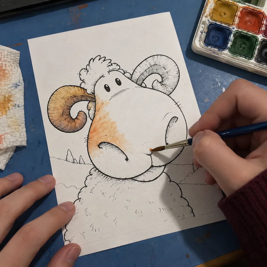 Ram coloring page with the first watercolor washes, on a blue desk mat.
