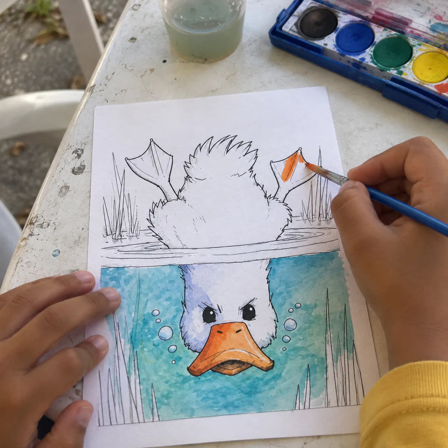 Upside-down duck coloring page partly painted, with uncolored areas still visible.