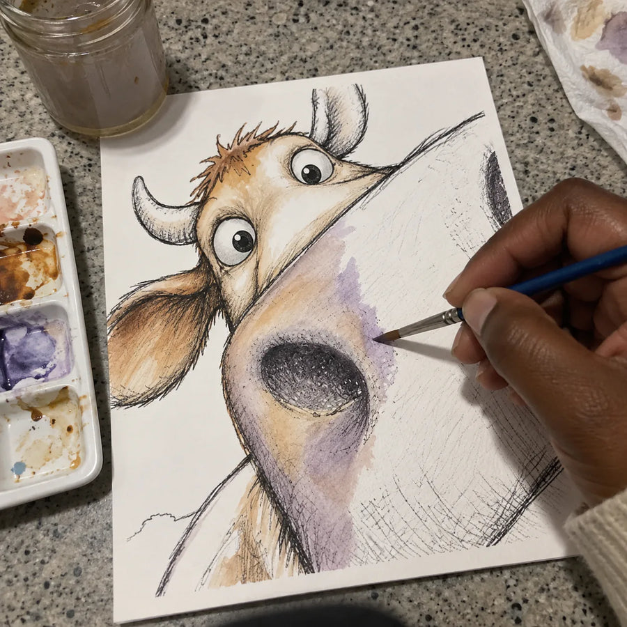 Funny cow coloring page partly painted in watercolor on a kitchen counter.