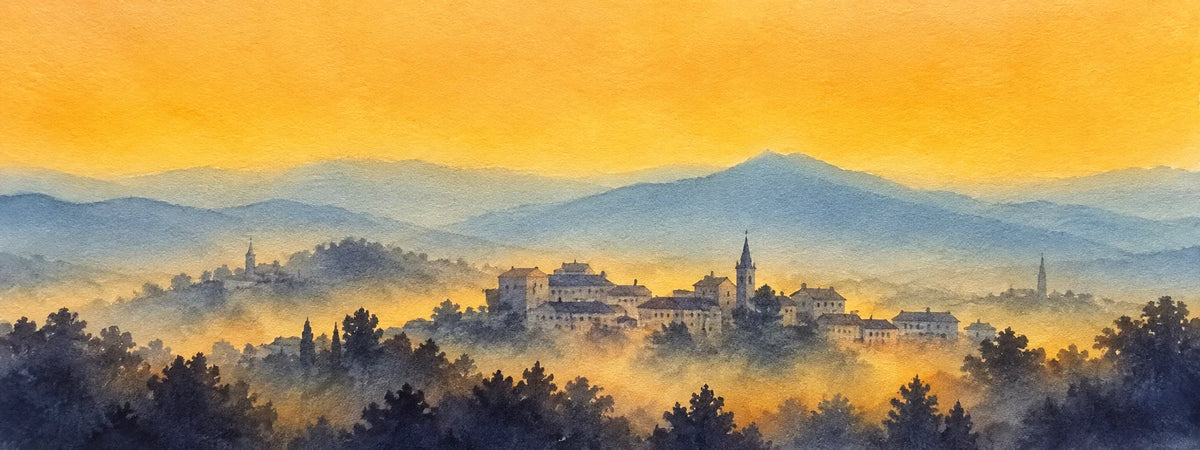 Duskrow watercolor hillside town at dawn